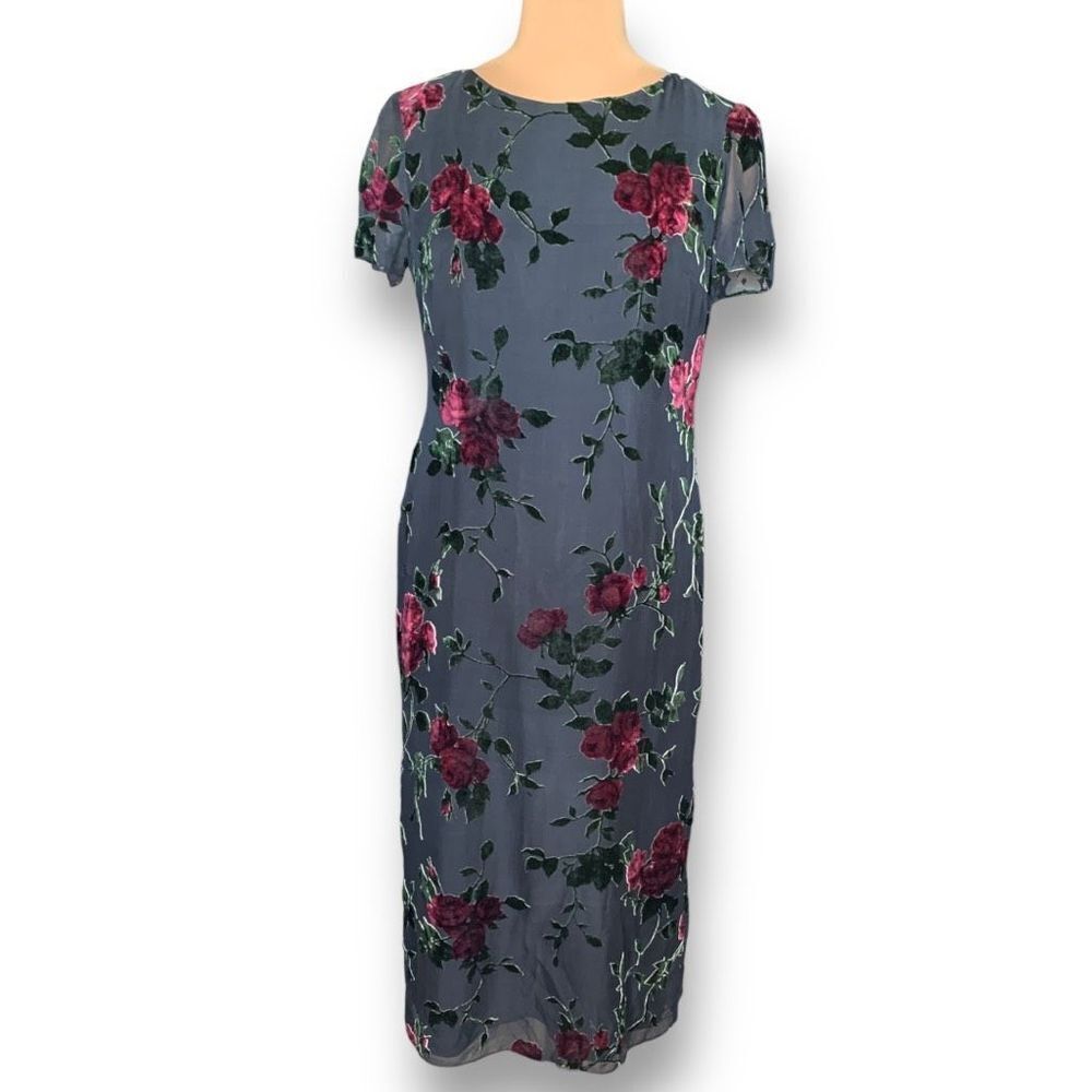 Vintage Floral Maxi Dress in Slate Blue with Rose Print